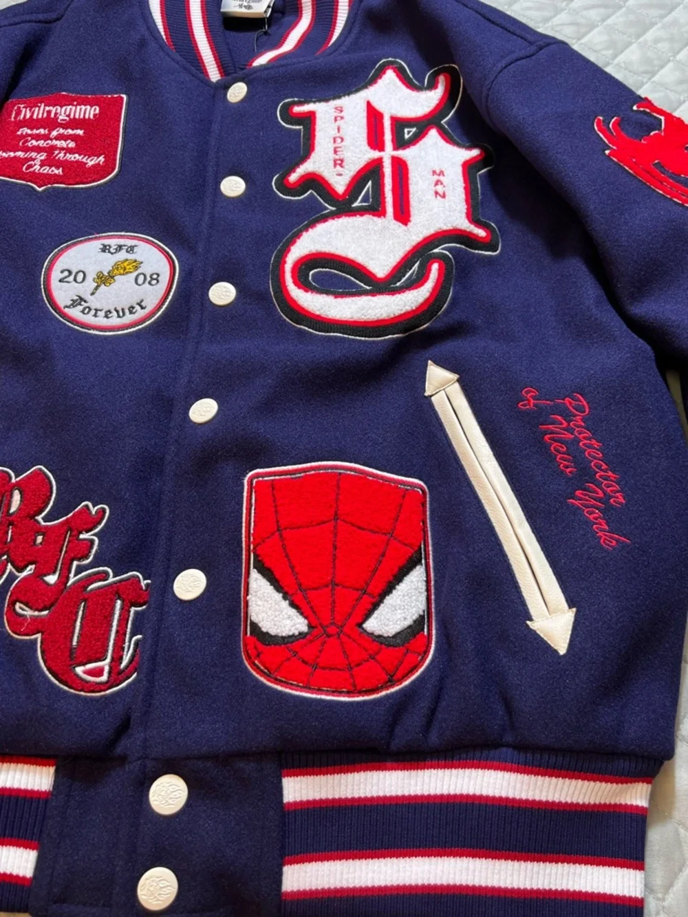 Civil Regime x Marvel Spider-Man Parkers power bomber varsity Jacket blue Medium